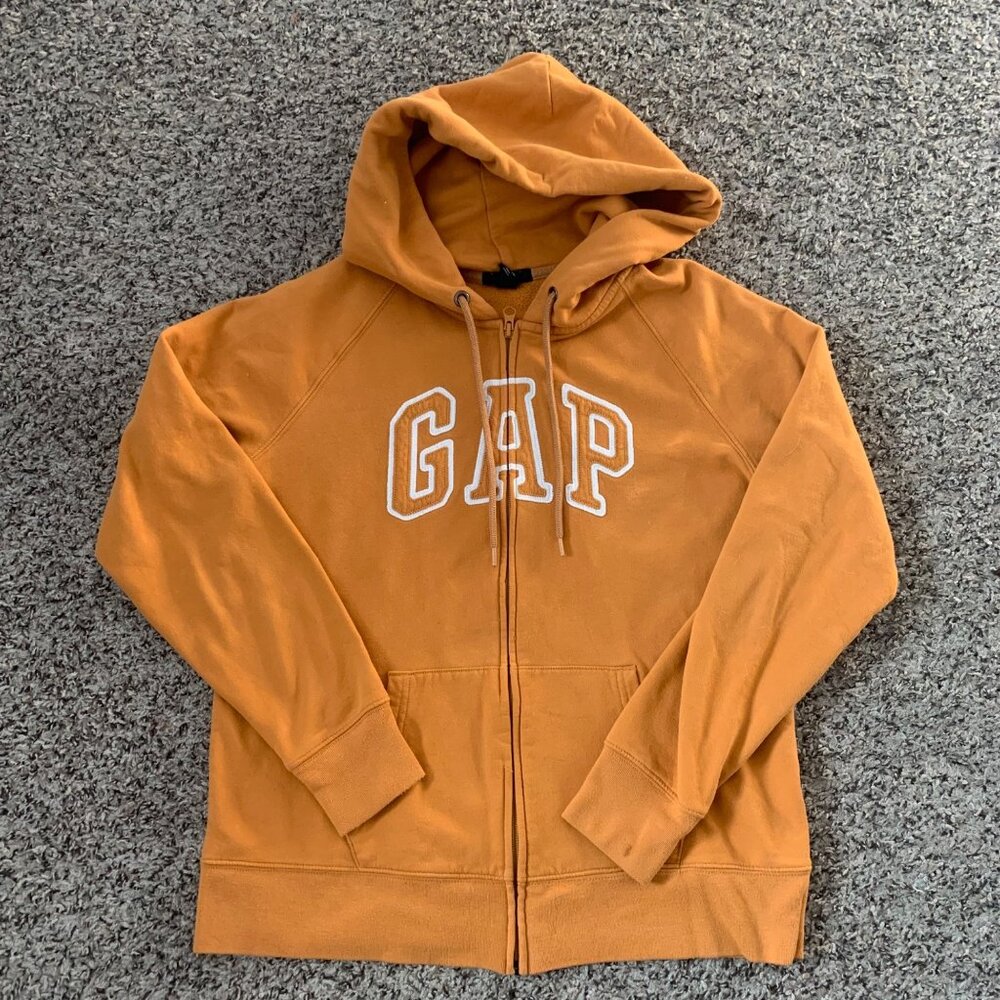 Gap Orange Hooded Sweatshirt Full Zip Front Logo Size L Cotton Blend